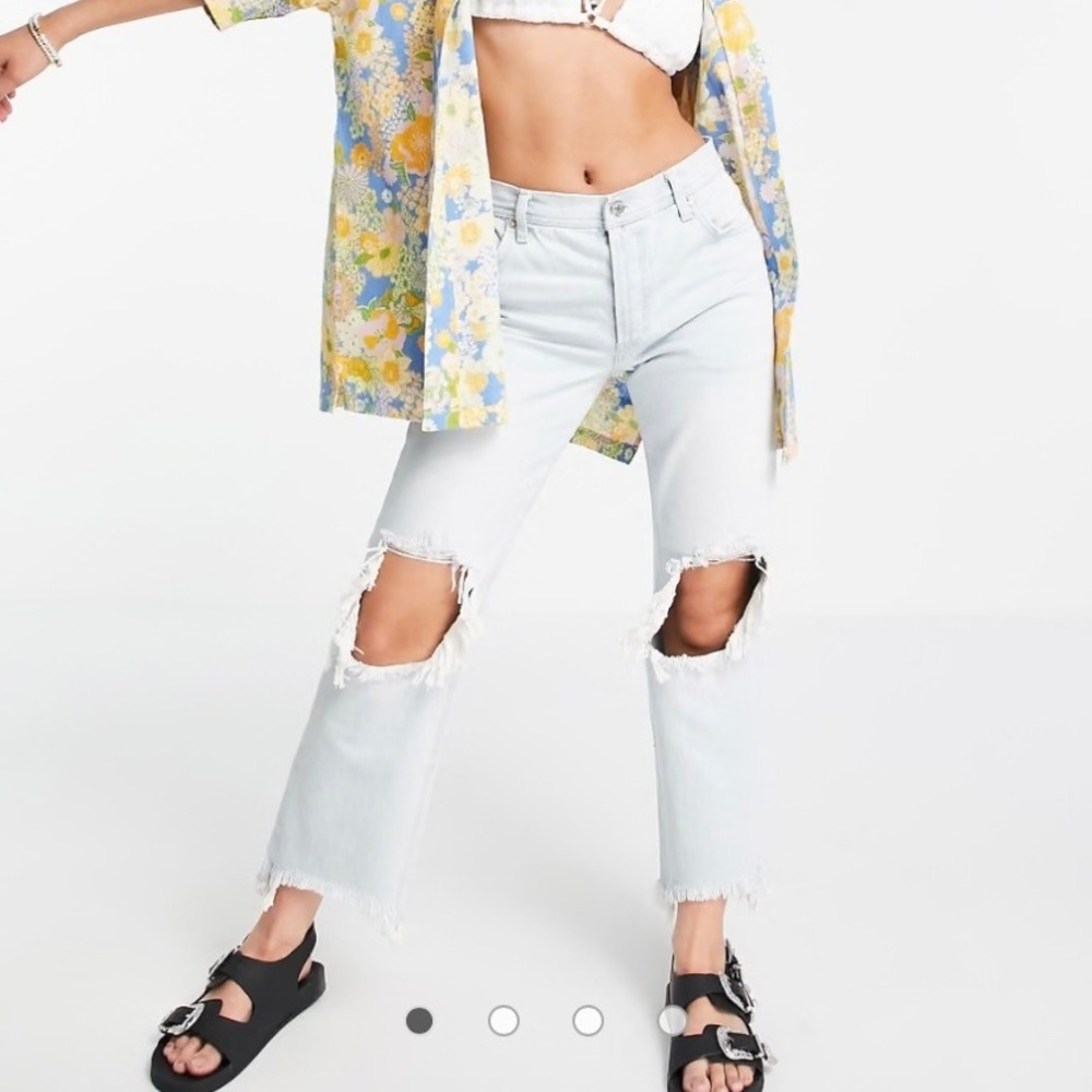 We The Free People Maggie Ripped Straight Leg Jeans Light Blue Denim Womens 26